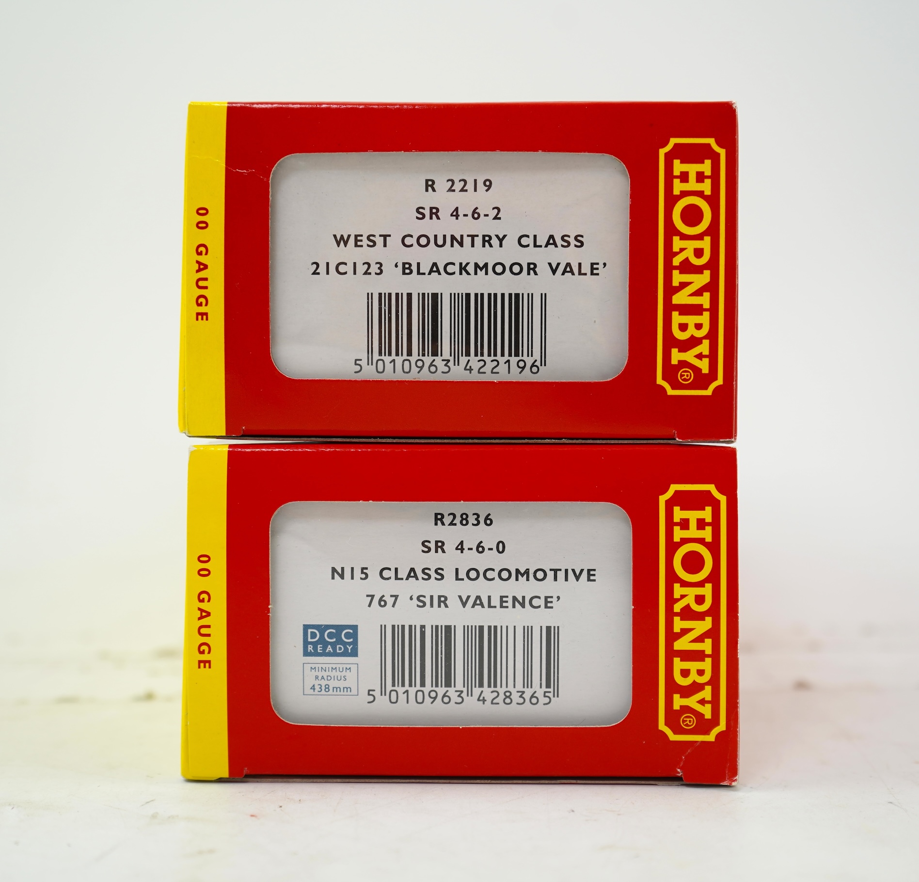 Two boxed Hornby Hobbies 00 gauge railway Southern Railway tender locomotives; a West Country Class, Blackmoor Vale 21C123, (R2219), together with a Class N15, Sir Valence 767, (R2836)